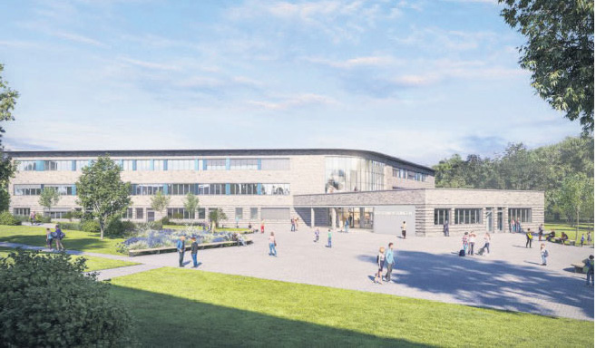 Visualisierung eines modernen Gebäudes im Rahmen des Architektenwettbewerbs BSB Kröger mit begrüntem Vorplatz und Menschen vor dem Eingang.