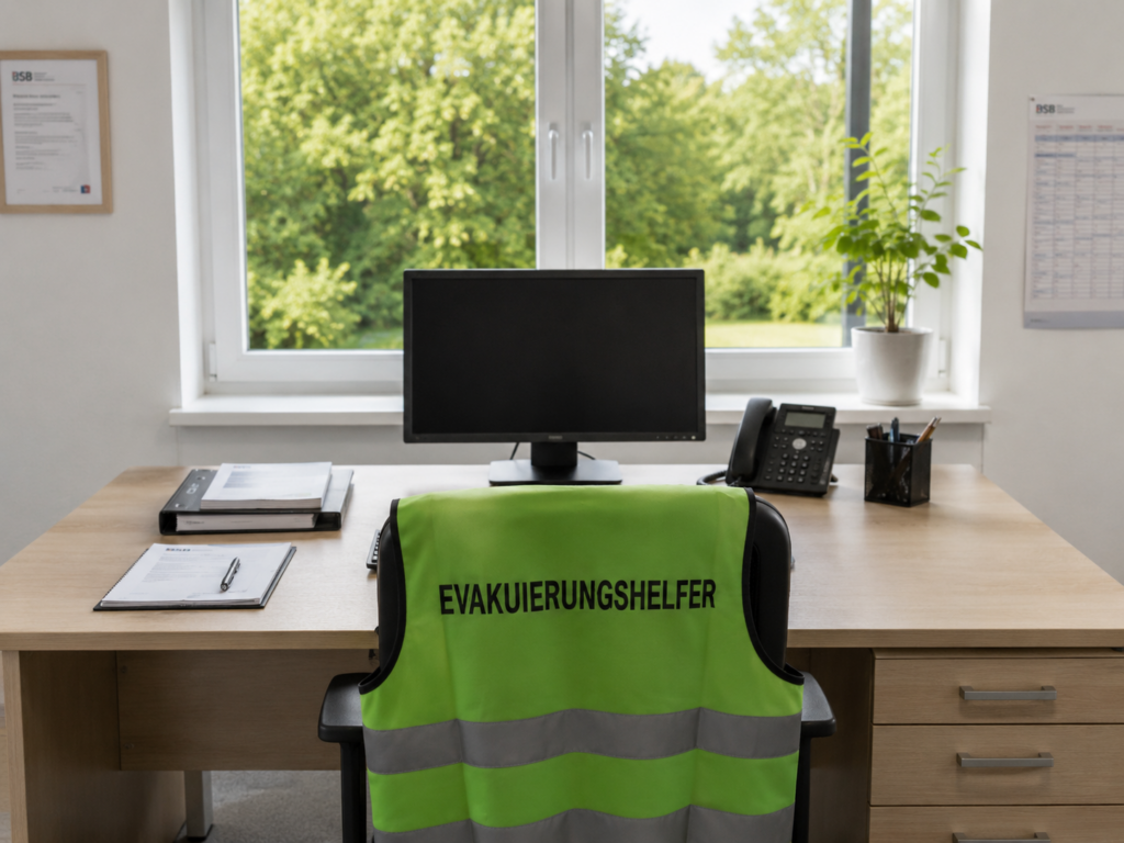 Das Bild zeigt einen Schreibtisch mit einem Computermonitor und einem Stuhl davor, vor einem Fenster, das einen Blick auf Bäume draußen bietet. Der Zweck des Bildes ist es, einen Arbeitsplatz oder ein Büroumfeld darzustellen. Eine grüne Weste, die am Rücken eines Stuhls hängt, hat die Wörter "EVAKUIERUNGSHELFER" in schwarzen Buchstaben auf dem Rücken gedruckt.
