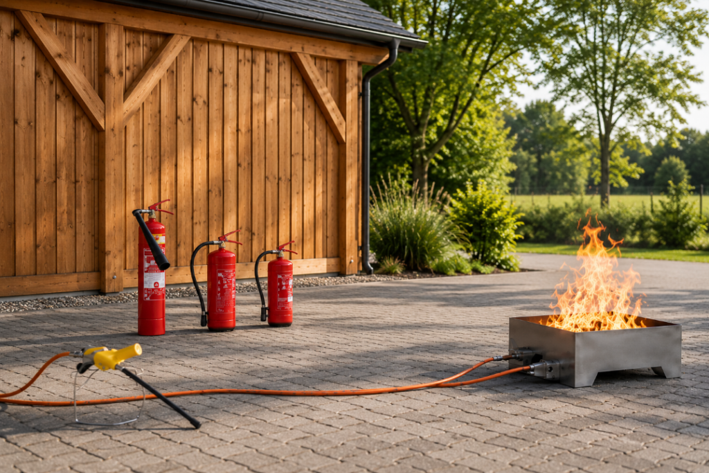 Ein Feuerkorb mit Flammen, die darin brennen, auf einer Ziegelstein-Terrasse außerhalb eines Holzgebäudes. Links auf dem Foto stehen drei Feuerlöscher.